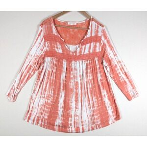 French Laundry Top Women Large Orange Peach Tie Dye Soft 3/4 Sleeve Lace Tunic